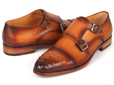 Paul Parkman Men's Studded Cap Toe Monkstraps Light Brown (ID047 CML)