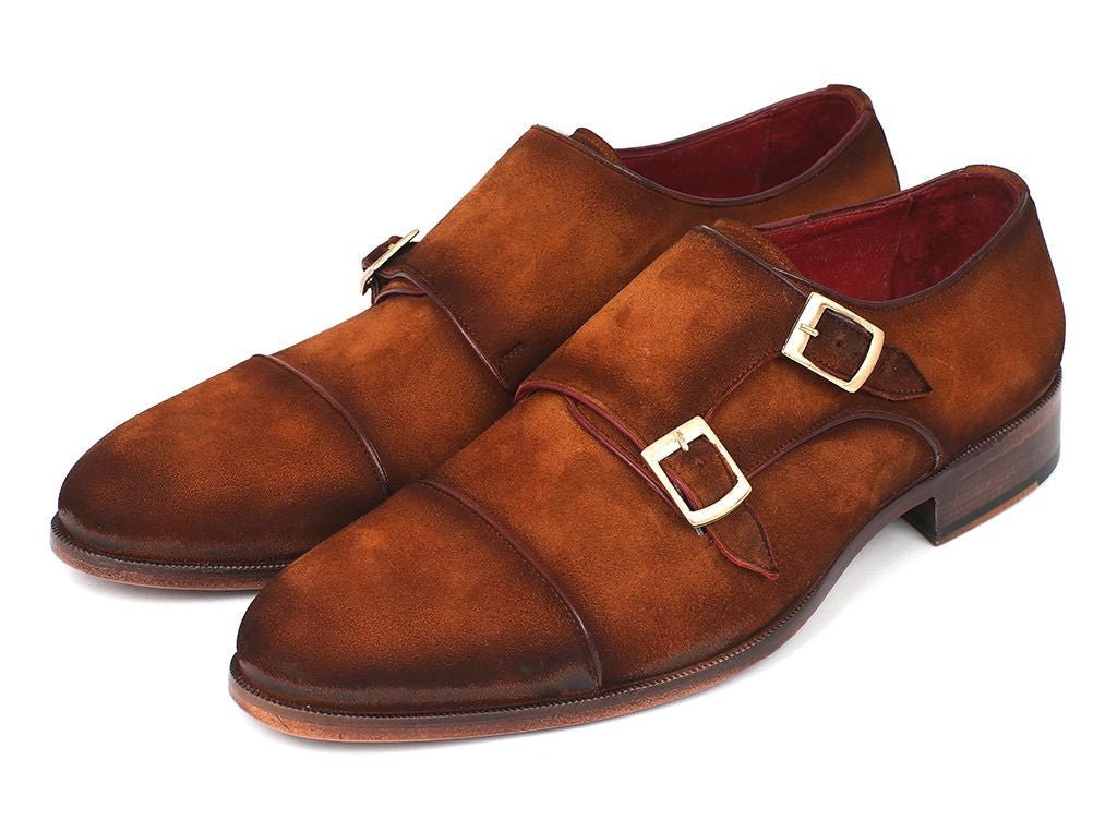 Paul Parkman Men's Suede Captoe Double Monkstraps in Camel