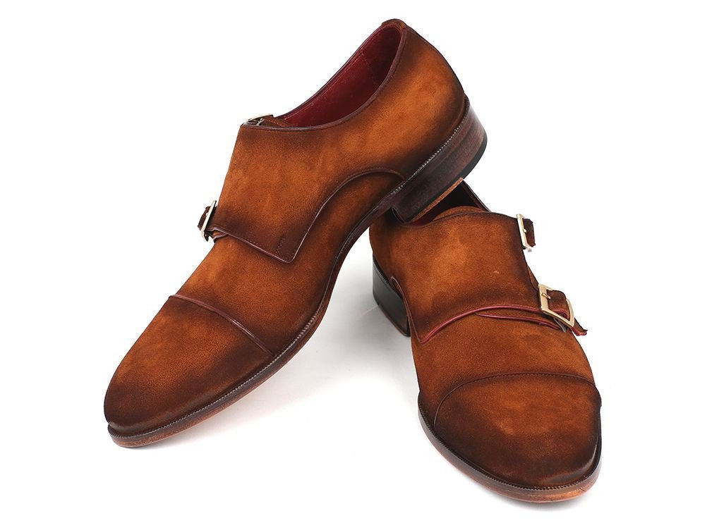 Paul Parkman Men's Suede Captoe Double Monkstraps in Camel