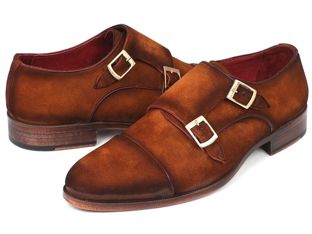 Paul Parkman Men's Suede Captoe Double Monkstraps in Camel