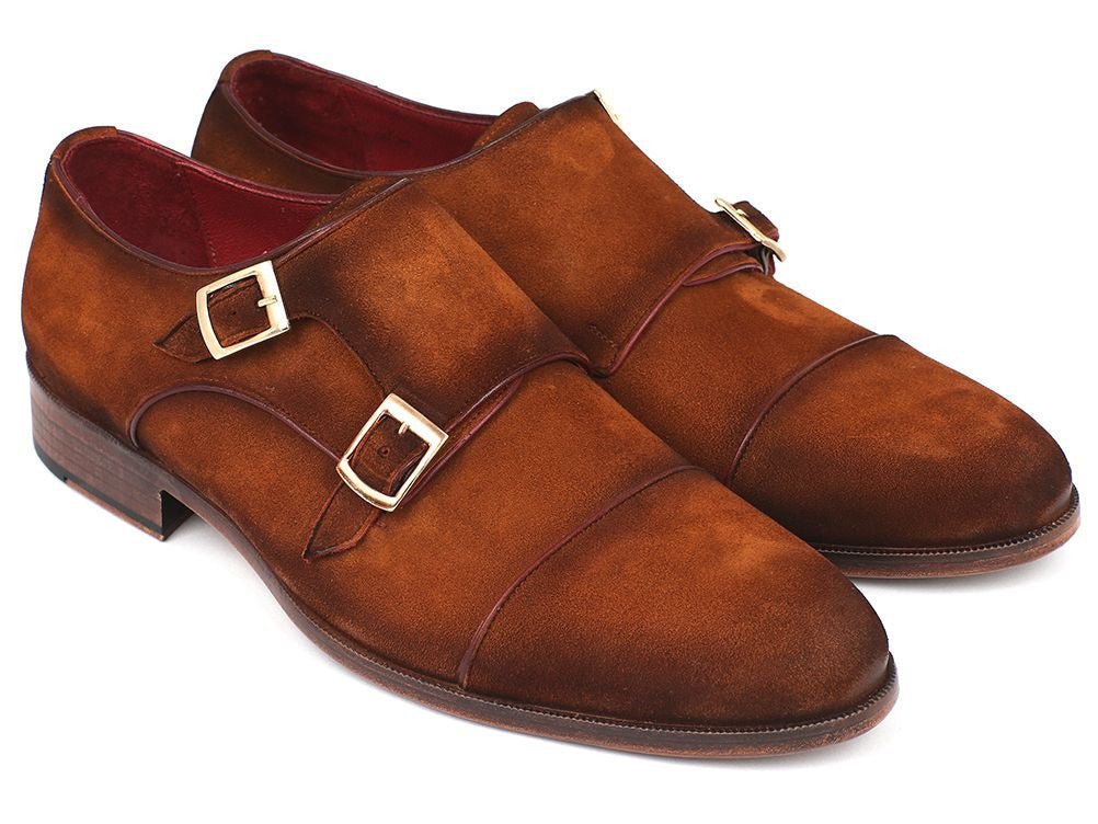 Paul Parkman Men's Suede Captoe Double Monkstraps in Camel