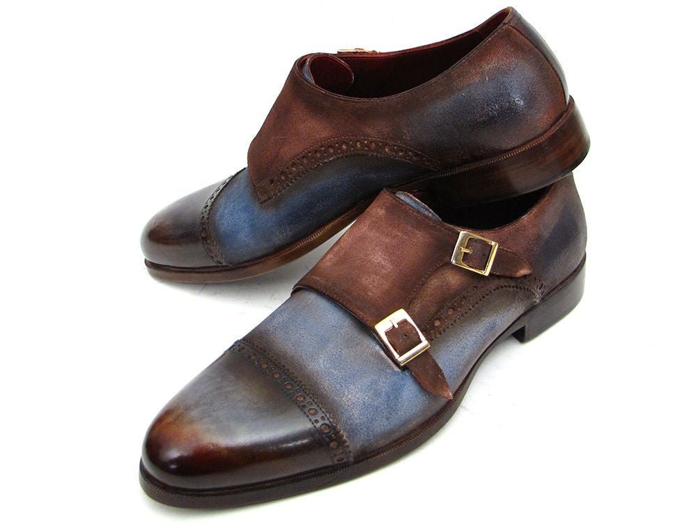 Paul Parkman Men's Suede Double Monkstraps in Antique Blue and Brown