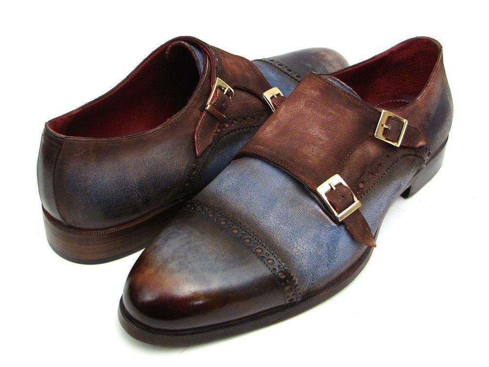 Paul Parkman Men's Suede Double Monkstraps in Antique Blue and Brown