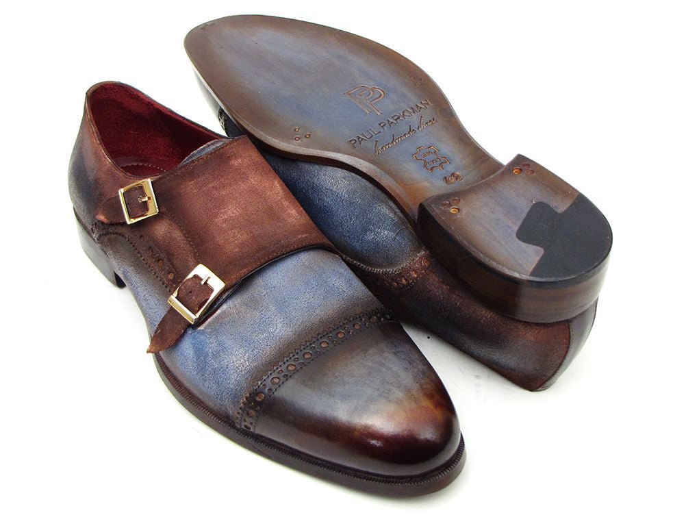 Paul Parkman Men's Suede Double Monkstraps in Antique Blue and Brown