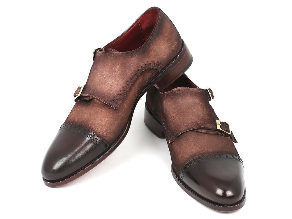 Paul Parkman Men's Suede Double Monkstraps in Brown and Beige