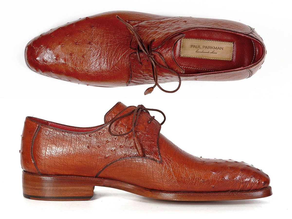 Paul Parkman Men's Tobacco Color Genuine Ostrich Leather Upper Derby Shoes (ID33B76 TAB)