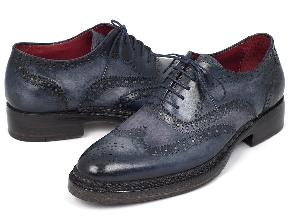 Paul Parkman Men's Triple Leather Sole Wingtip Brogues Blue (ID027 - TRP - BLU)