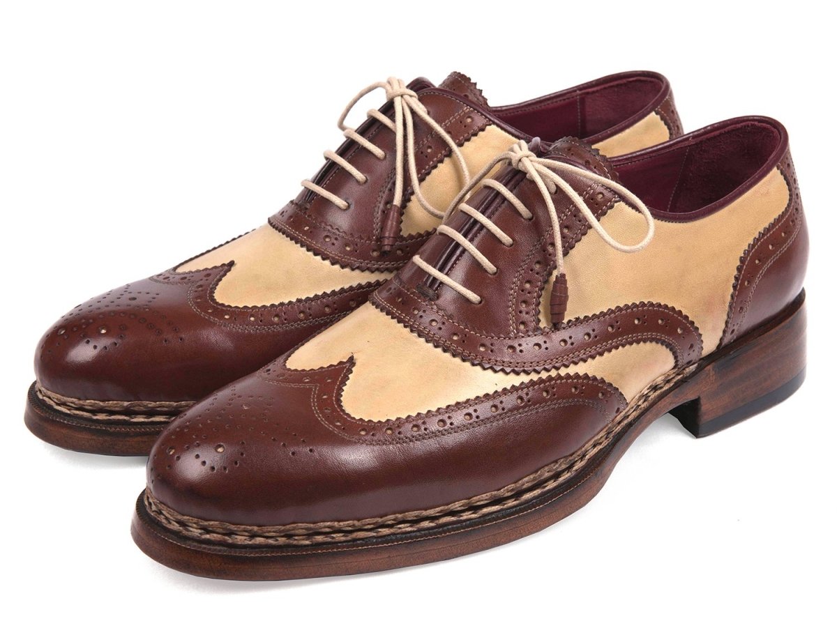 Paul Parkman Men's Triple Leather Sole Wingtip Brogues in Beige and Brown