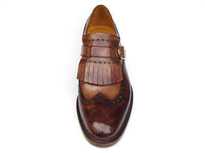 Paul Parkman Men's Wingtip Monkstrap Brogues Brown Hand - Painted Leather Upper With Double Leather Sole (ID060 - BRW)
