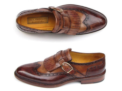 Paul Parkman Men's Wingtip Monkstrap Brogues Brown Hand - Painted Leather Upper With Double Leather Sole (ID060 - BRW)