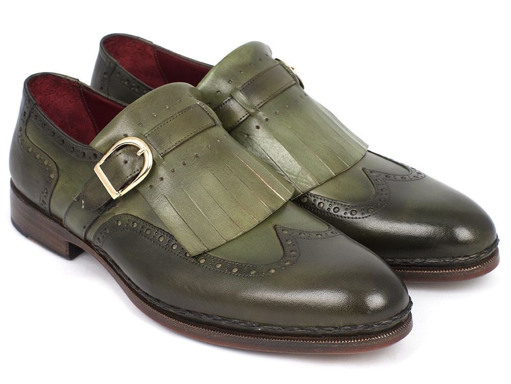 Paul Parkman Men's Wingtip Monkstrap Brogues Green Hand - Painted Leather Upper With Double Leather Sole (ID060 - GREEN)