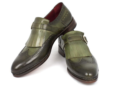Paul Parkman Men's Wingtip Monkstrap Brogues Green Hand - Painted Leather Upper With Double Leather Sole (ID060 - GREEN)