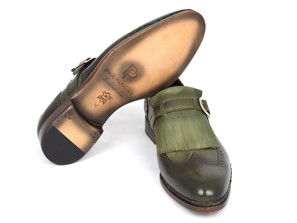Paul Parkman Men's Wingtip Monkstrap Brogues Green Hand - Painted Leather Upper With Double Leather Sole (ID060 - GREEN)