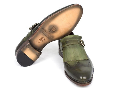Paul Parkman Men's Wingtip Monkstrap Brogues Green Hand - Painted Leather Upper With Double Leather Sole (ID060 - GREEN)