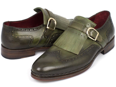 Paul Parkman Men's Wingtip Monkstrap Brogues Green Hand - Painted Leather Upper With Double Leather Sole (ID060 - GREEN)