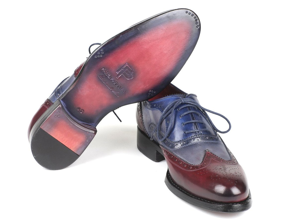 Paul Parkman Men's Wingtip Oxfords Goodyear Welted in Bordeaux, Grey and Blue
