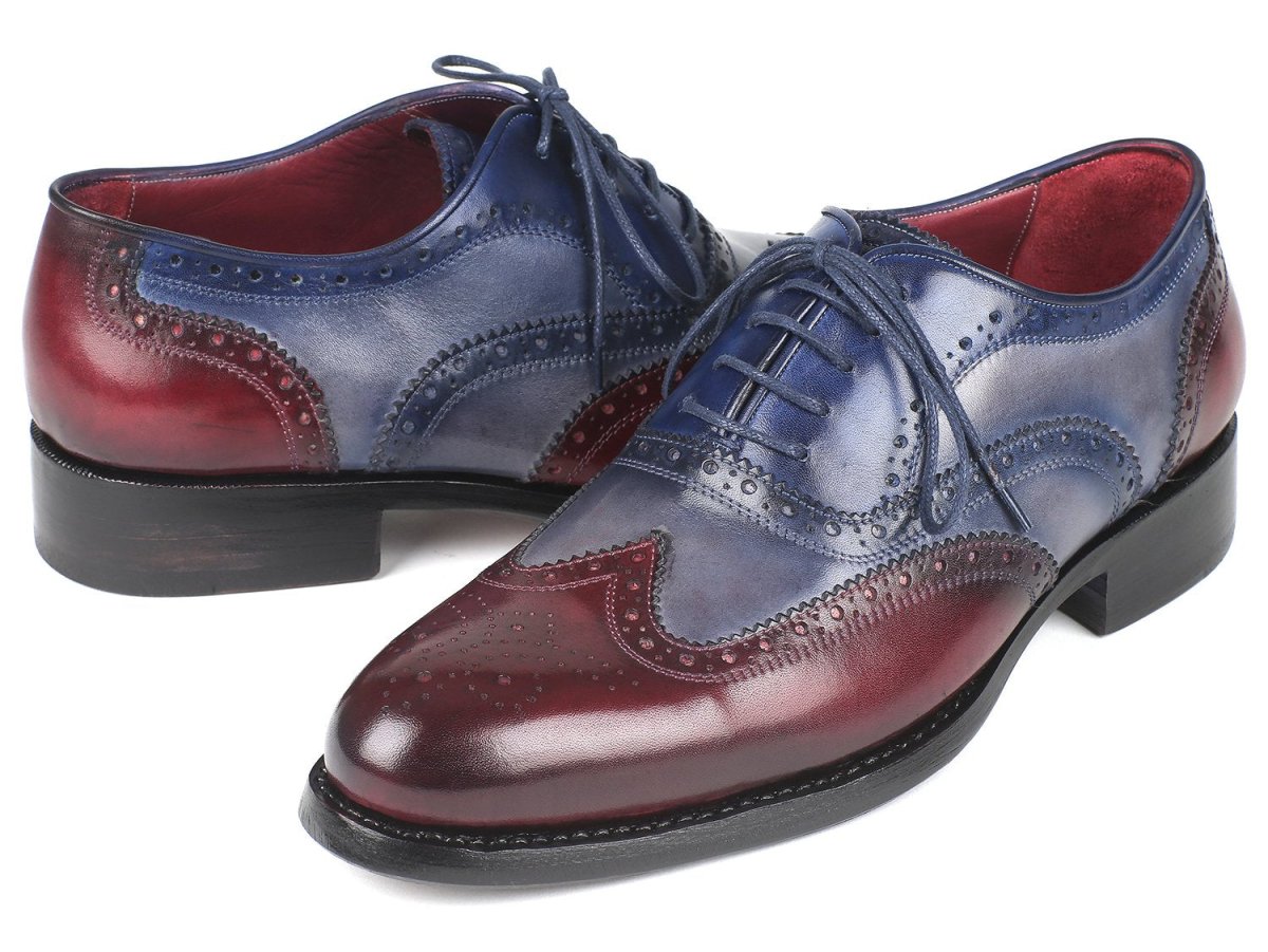 Paul Parkman Men's Wingtip Oxfords Goodyear Welted in Bordeaux, Grey and Blue