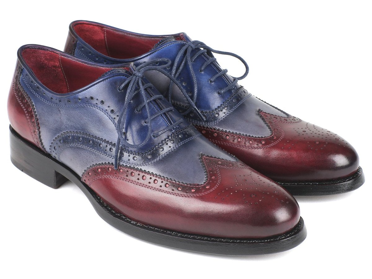 Paul Parkman Men's Wingtip Oxfords Goodyear Welted in Bordeaux, Grey and Blue