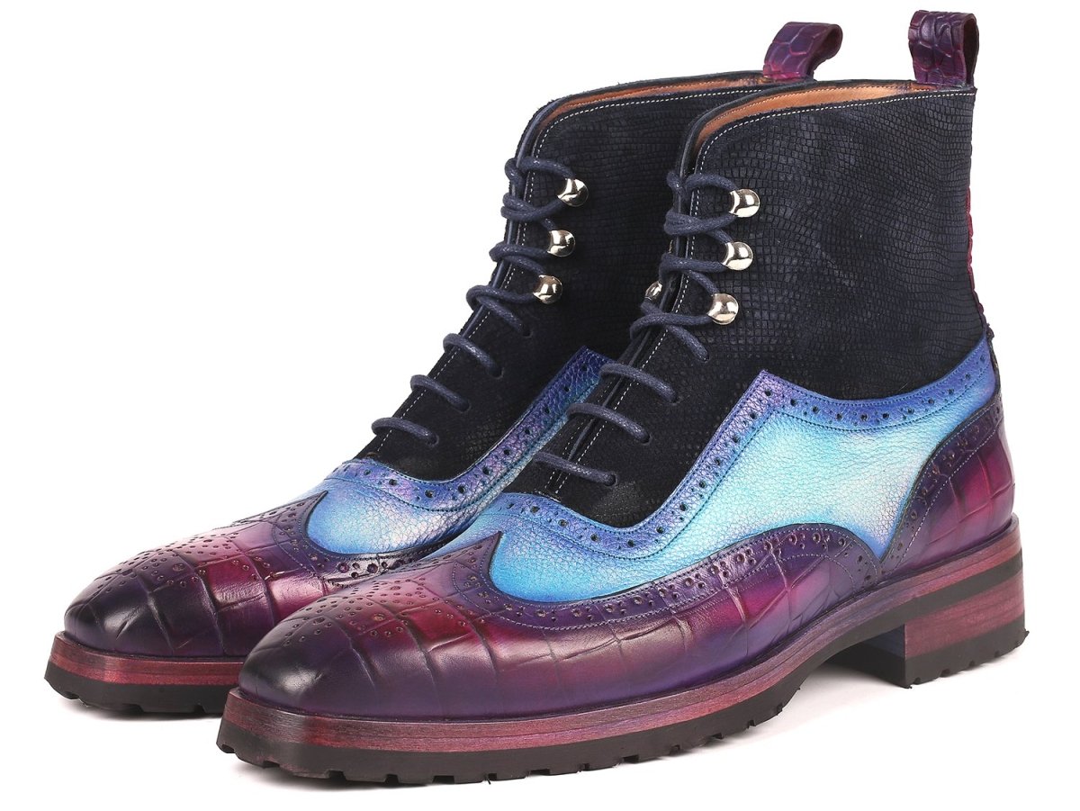 Paul Parkman Men's Wingtip Rubber Sole Boots in Purple, Light Blue and Navy