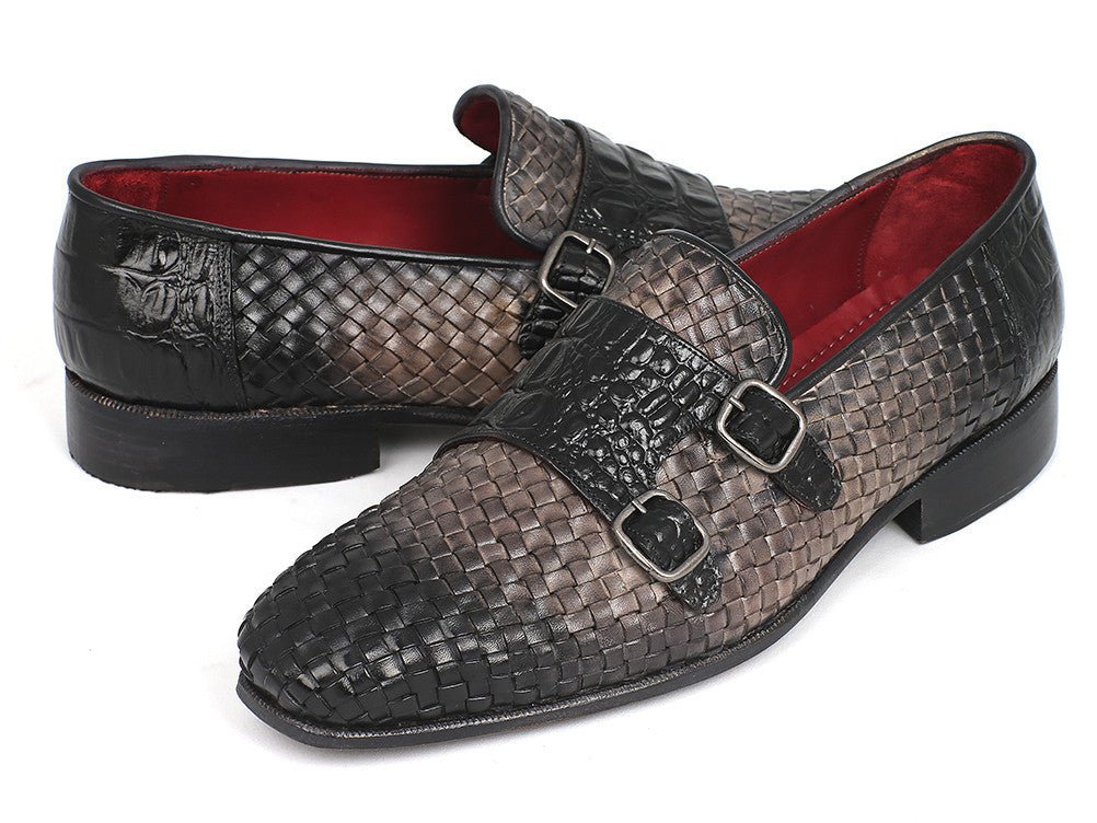 Paul Parkman Men's Woven and Croco Embossed Leather Monkstraps in Black and Gray