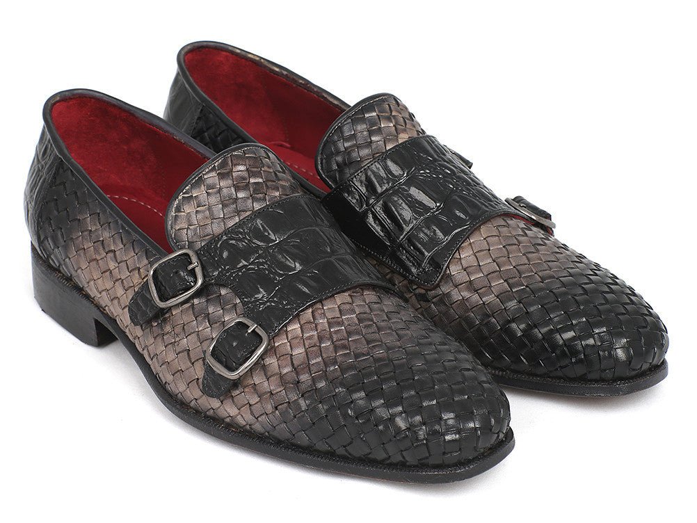 Paul Parkman Men's Woven and Croco Embossed Leather Monkstraps in Black and Gray