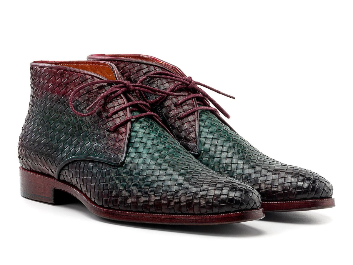 Paul Parkman Men's Woven Leather Chukka Boots in Green and Purple