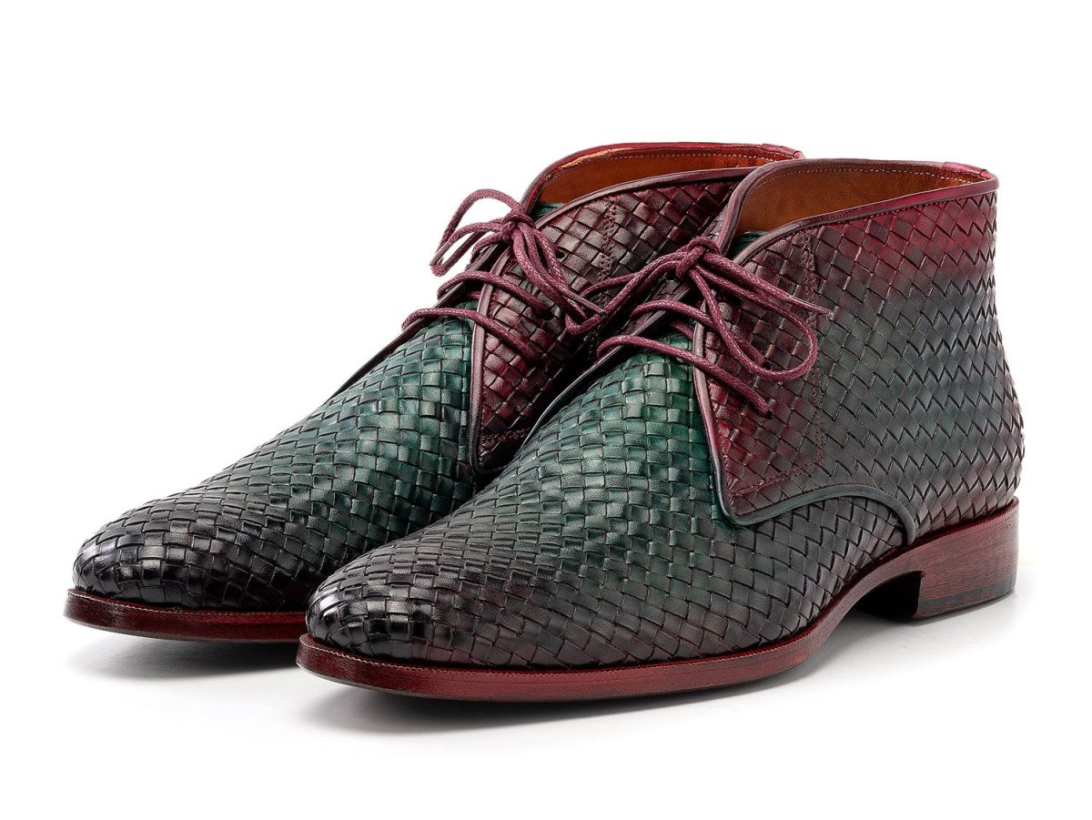 Paul Parkman Men's Woven Leather Chukka Boots in Green and Purple