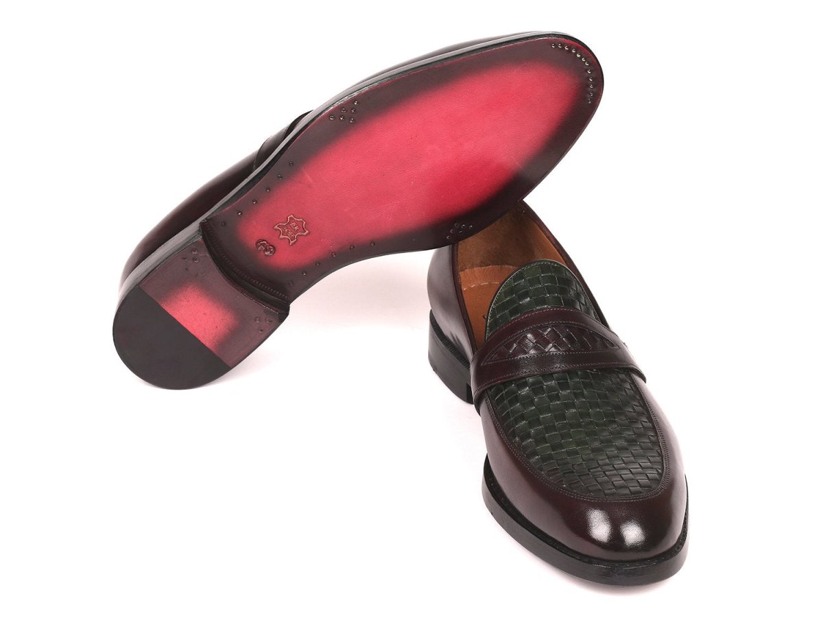 Paul Parkman Men's Woven Leather Loafers in Brown and Green