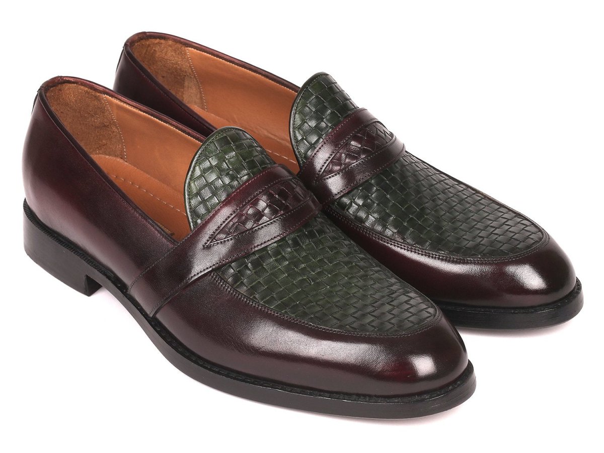 Paul Parkman Men's Woven Leather Loafers in Brown and Green
