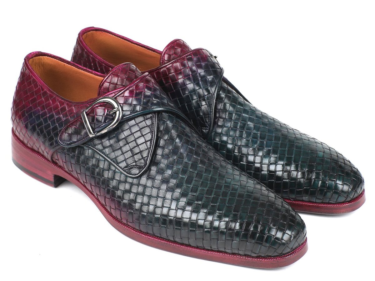 Paul Parkman Men's Woven Leather Single Monkstraps in Purple and Green