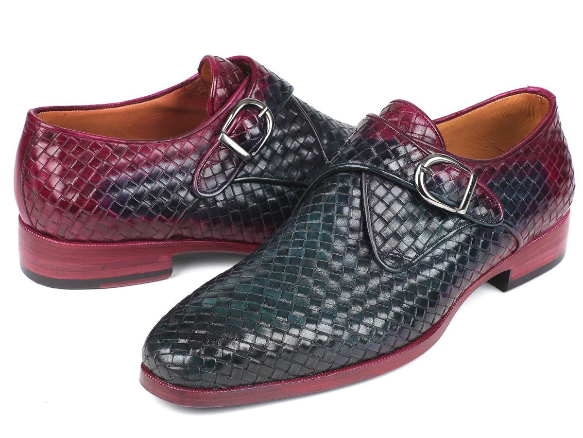 Paul Parkman Men's Woven Leather Single Monkstraps in Purple and Green