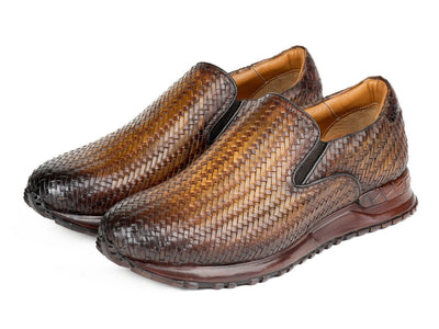 Paul Parkman Men's Woven Leather Slip On Sneakers in Brown