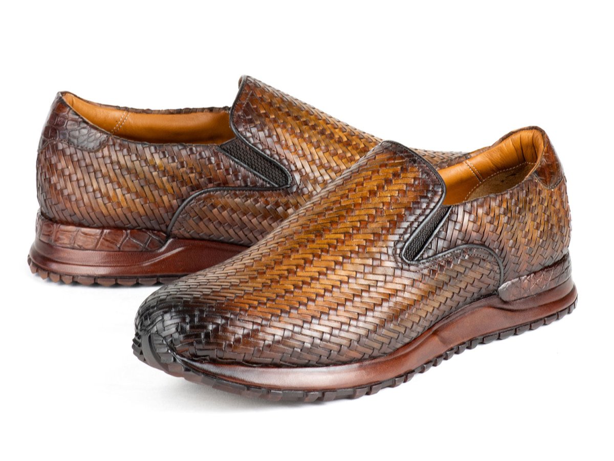 Paul Parkman Men's Woven Leather Slip On Sneakers in Brown