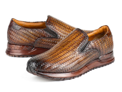Paul Parkman Men's Woven Leather Slip On Sneakers in Brown