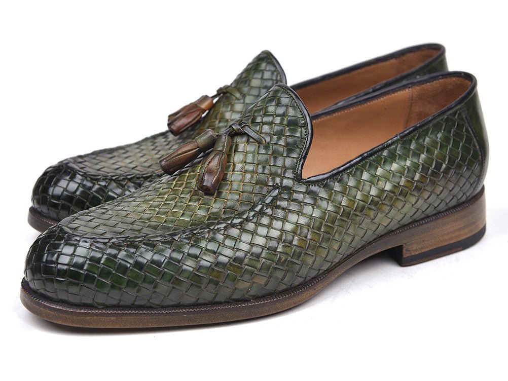 Paul Parkman Men's Woven Leather Tassel Loafers in Green