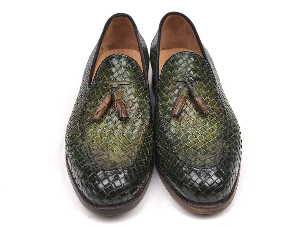 Paul Parkman Men's Woven Leather Tassel Loafers in Green