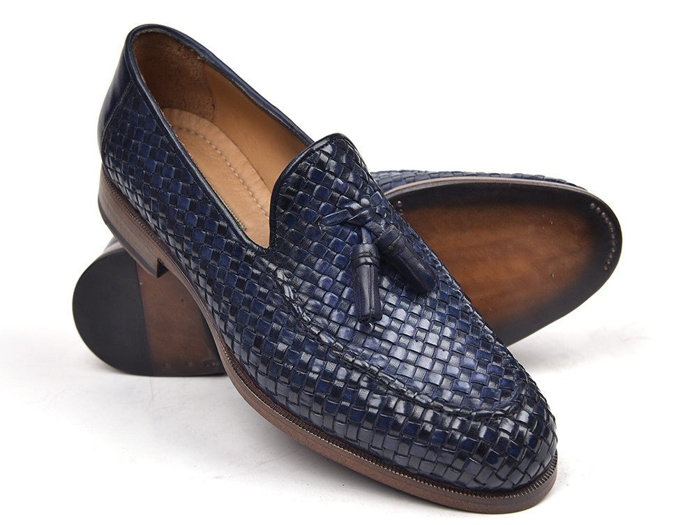 Paul Parkman Men's Woven Leather Tassel Loafers in Navy