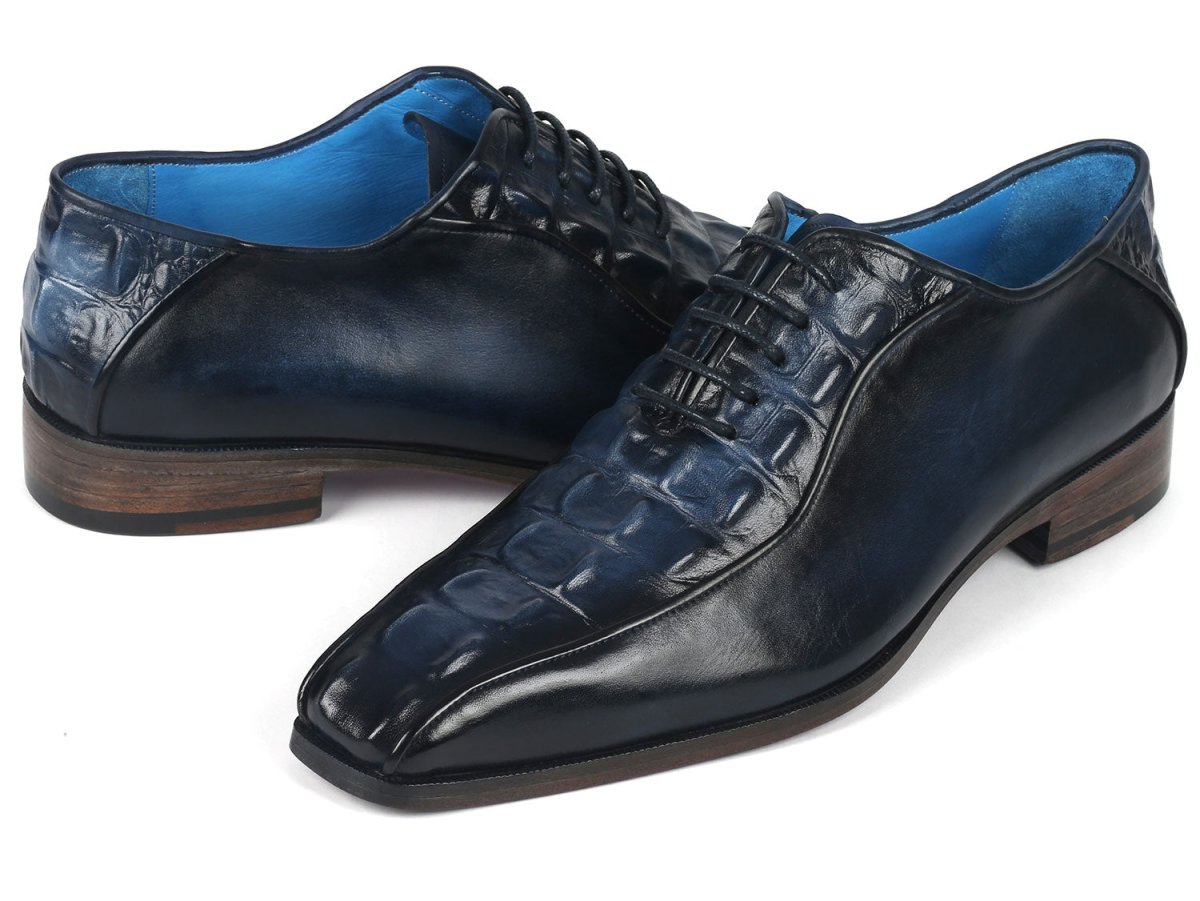 Paul Parkman Navy Croco Textured Leather Bicycle Toe Oxfords (ID94 214)