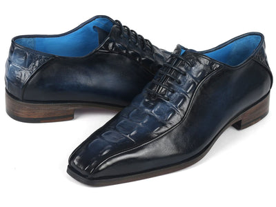 Paul Parkman Navy Croco Textured Leather Bicycle Toe Oxfords (ID94 214)