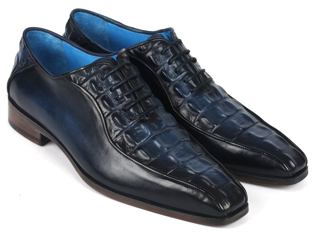 Paul Parkman Navy Croco Textured Leather Bicycle Toe Oxfords (ID94 214)