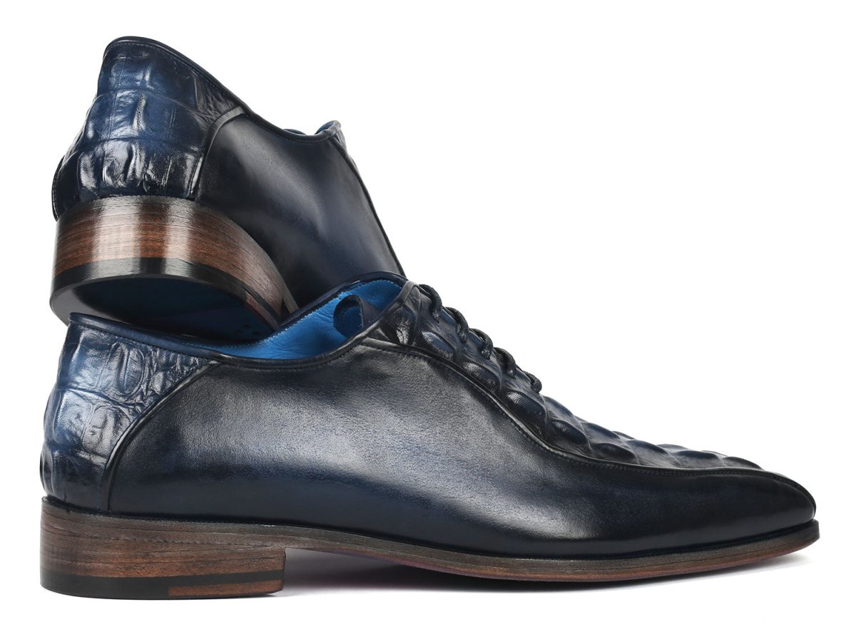 Paul Parkman Navy Croco Textured Leather Bicycle Toe Oxfords (ID94 214)