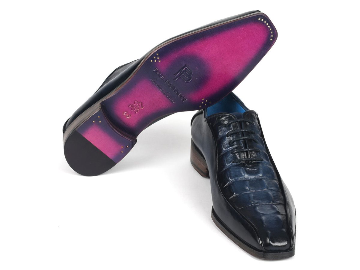 Paul Parkman Navy Croco Textured Leather Bicycle Toe Oxfords (ID94 214)