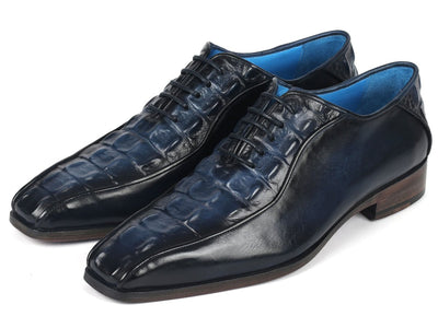 Paul Parkman Navy Croco Textured Leather Bicycle Toe Oxfords (ID94 214)