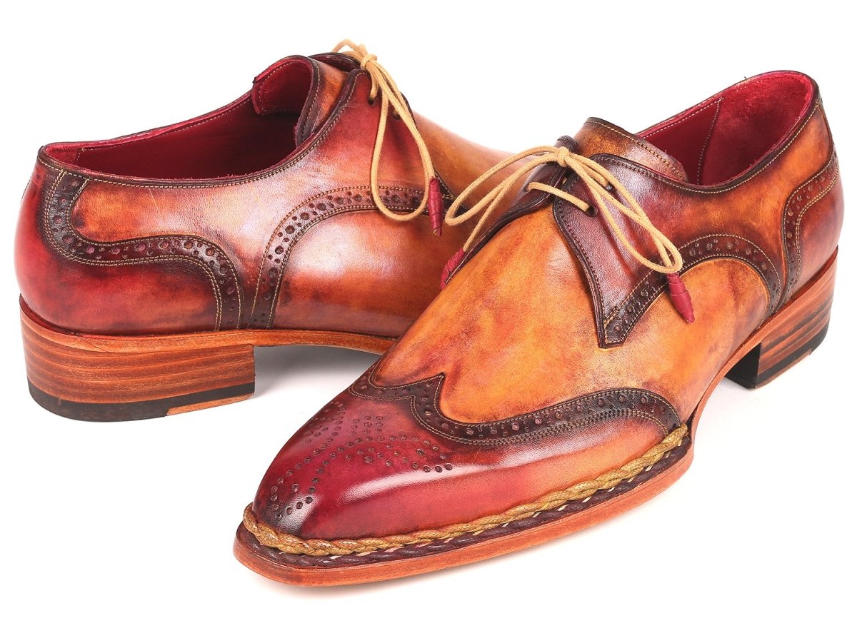 Paul Parkman Norwegian Welted Wingtip Derby Shoes in Red and Camel