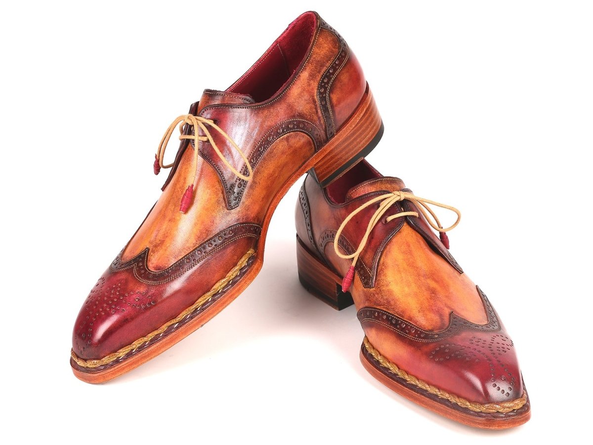 Paul Parkman Norwegian Welted Wingtip Derby Shoes in Red and Camel