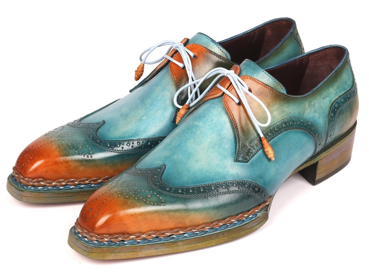 Paul Parkman Norwegian Welted Wingtip Derby Shoes in Turquoise and Tobacco