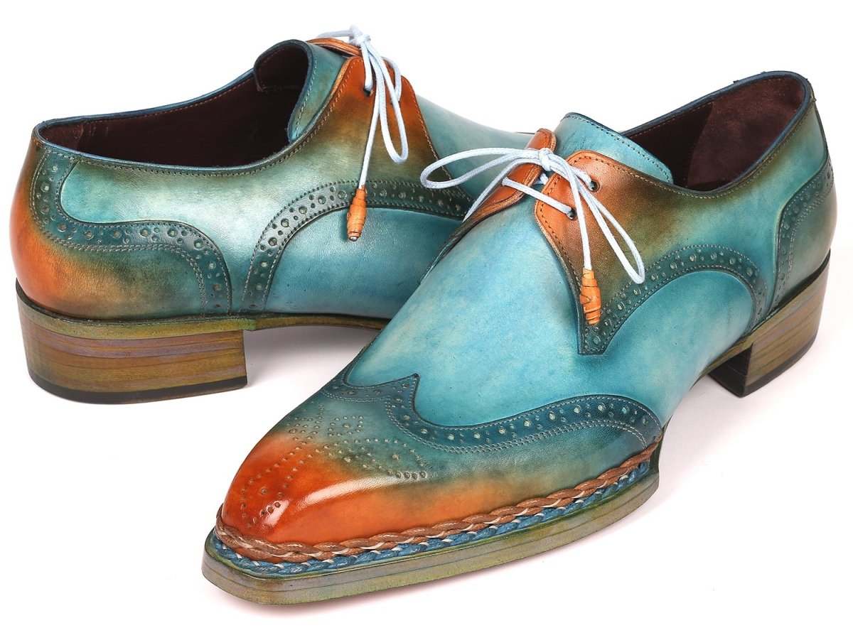 Paul Parkman Norwegian Welted Wingtip Derby Shoes Turquoise and Tobacco (ID8506 TRQ)