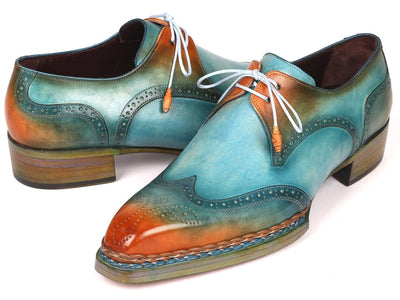 Paul Parkman Norwegian Welted Wingtip Derby Shoes Turquoise and Tobacco (ID8506 TRQ)