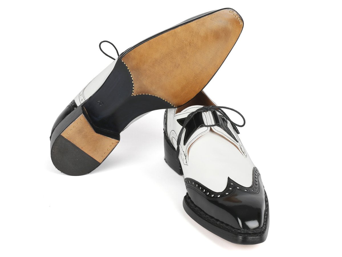 Paul Parkman Norwegian Welted Wingtip Men's Black and White Leather Custom Made Dress Shoes
