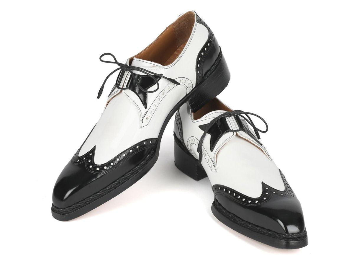 Paul Parkman Norwegian Welted Wingtip Men's Black and White Leather Custom Made Dress Shoes